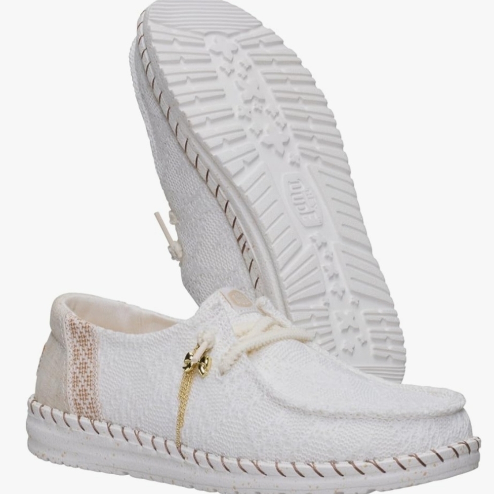 Hey Dude Women's White Slip-On Loafers with Tan Accent